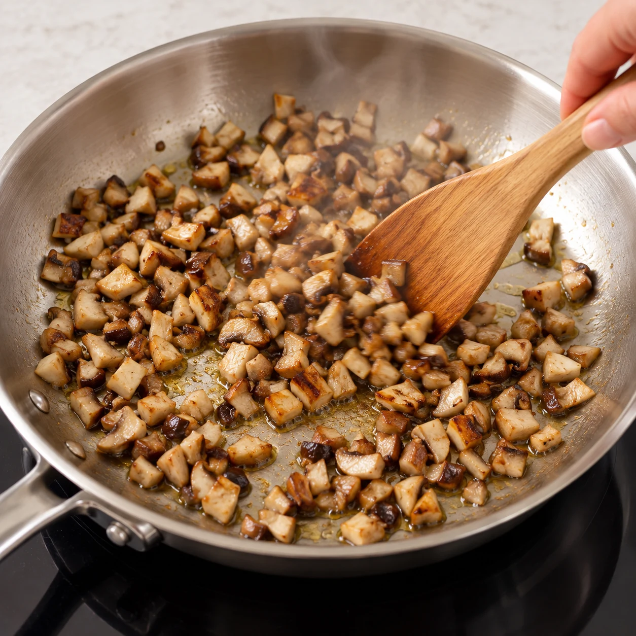 Fais revenir les champignons hachés dans un filet d’huile d’olive. Montrer le geste et l’état attendu : Les champignons commencent à dorer.