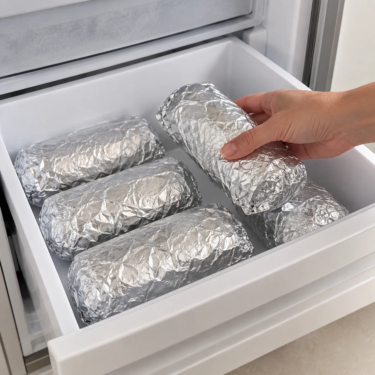 Burritos emballés individuellement posés dans un tiroir de congélateur propre, main adulte anonyme.