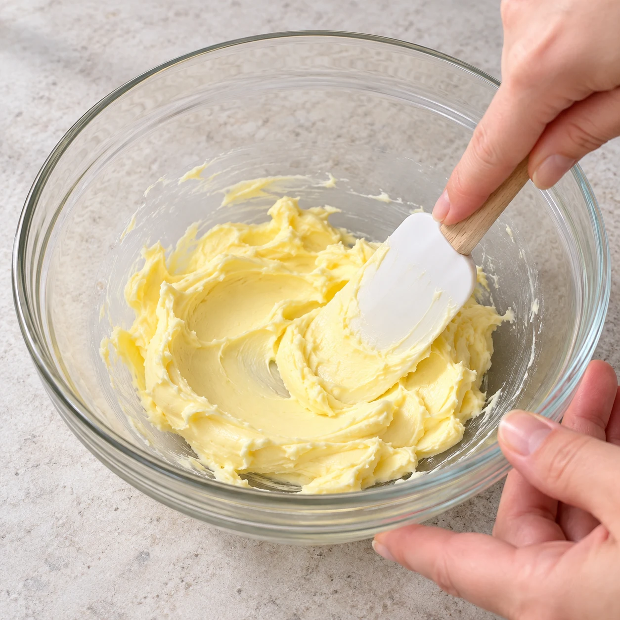 Spatule écrasant une margarine de cuisson jaune pâle en pommade.