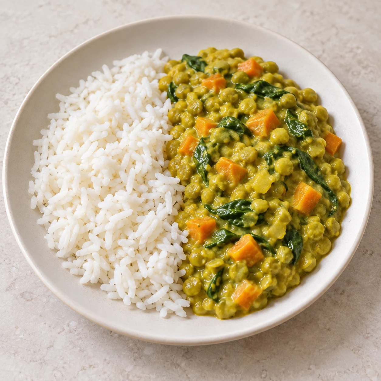 Servir le dhal épais aux carottes et épinards à côté du riz blanc dans une assiette neutre; pas de garniture.