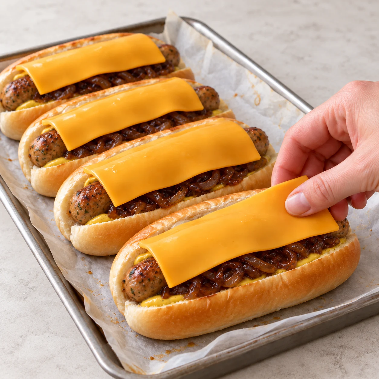 Ajouter le fromage végétal : Le fromage végétal recouvre les quatre hot-dogs.
