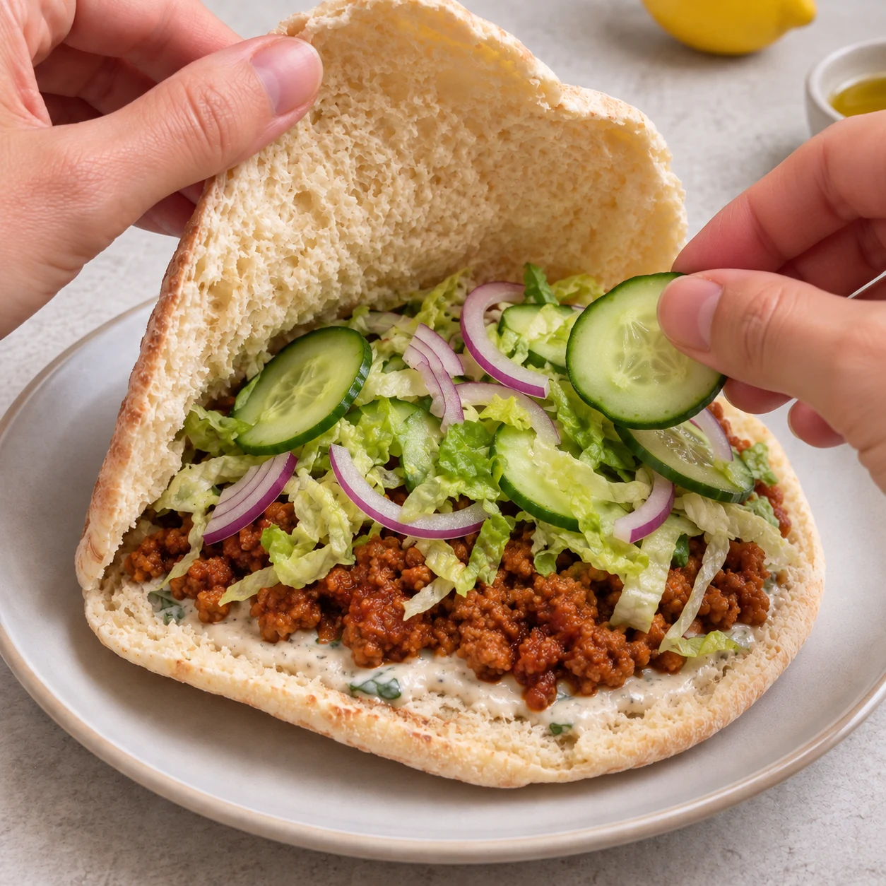 Pain pita garni de haché de soja, de salade, d’oignon rouge et de concombre.