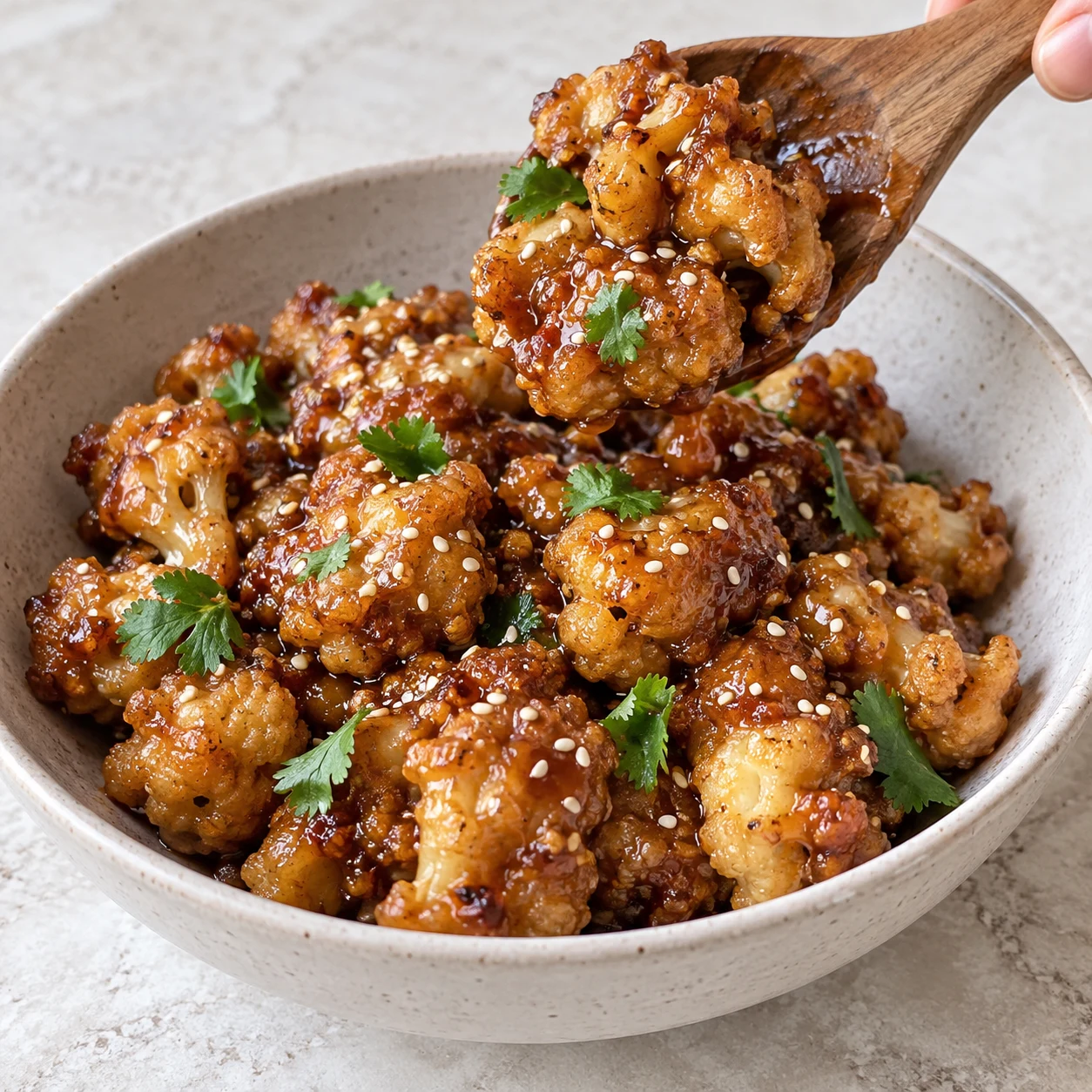 Bol neutre de chou-fleur doré nappé de sauce brune brillante, quelques graines de sésame et feuilles de coriandre ; ne pas représenter le riz non dosé.