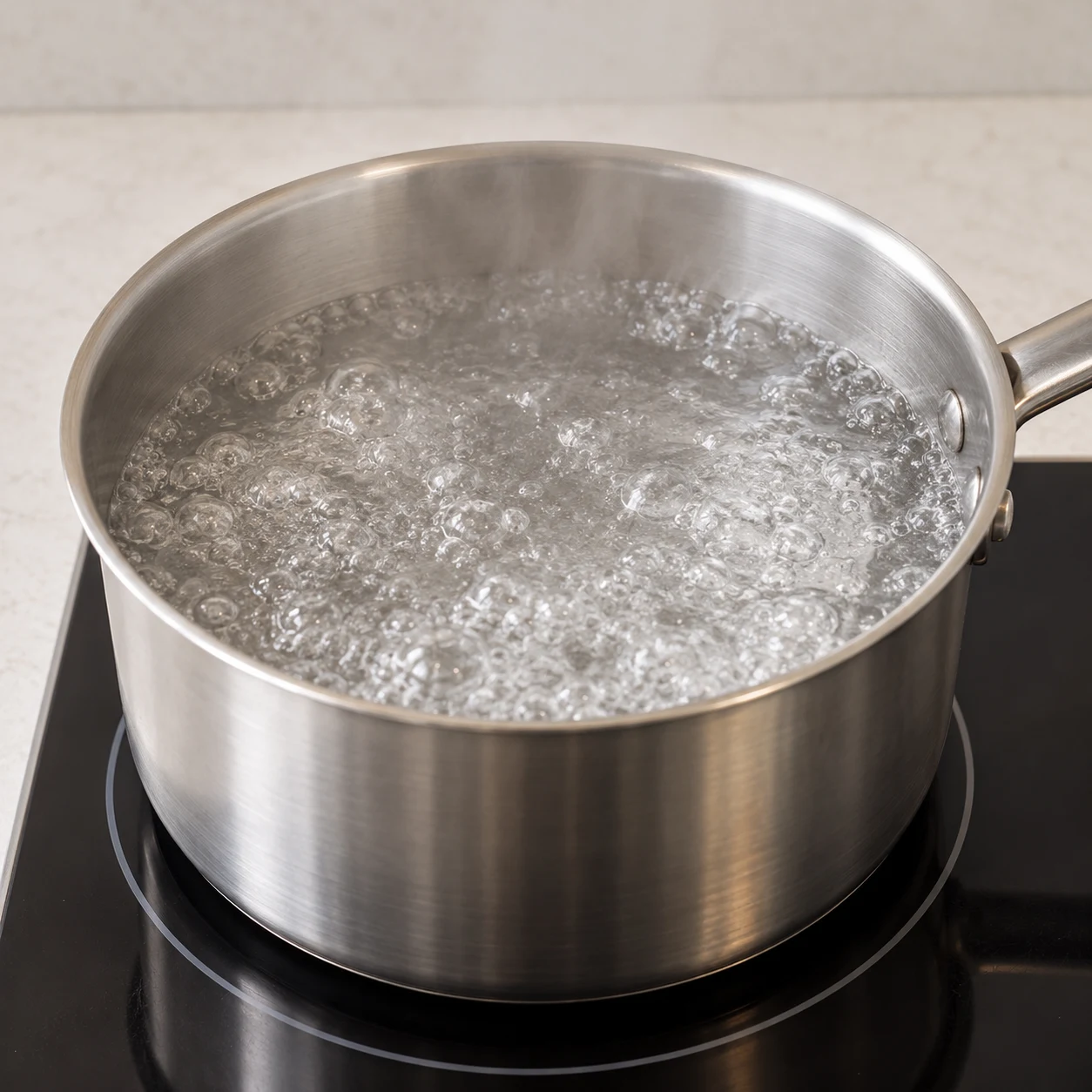 Casserole avec eau transparente en ébullition, sans polenta, sans personne identifiable.
