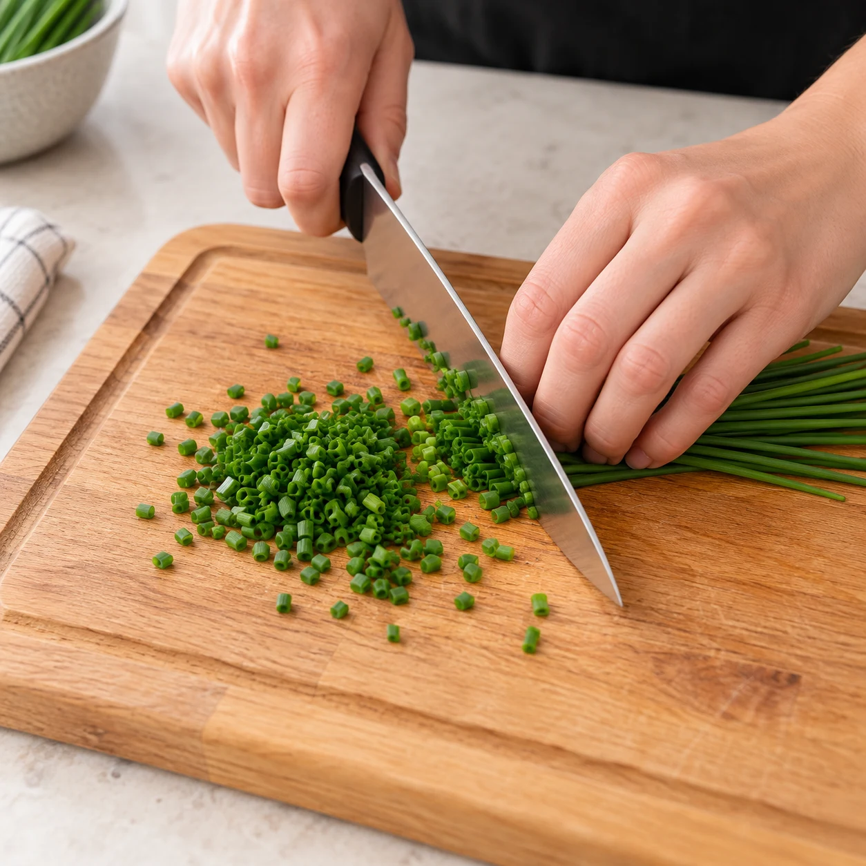 Ciboulette fraîche ciselée au couteau sur une planche stable.