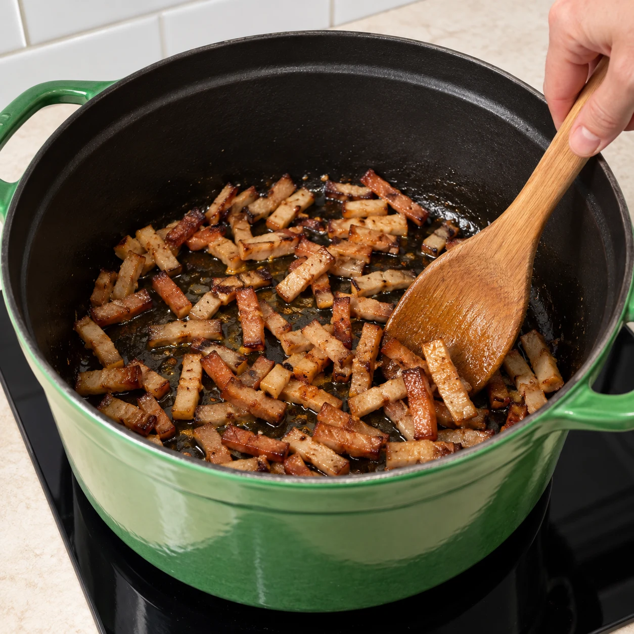 Lardons végétaux fumés beige brun dorant dans cocotte verte ; aucun tofu ni produit animal.