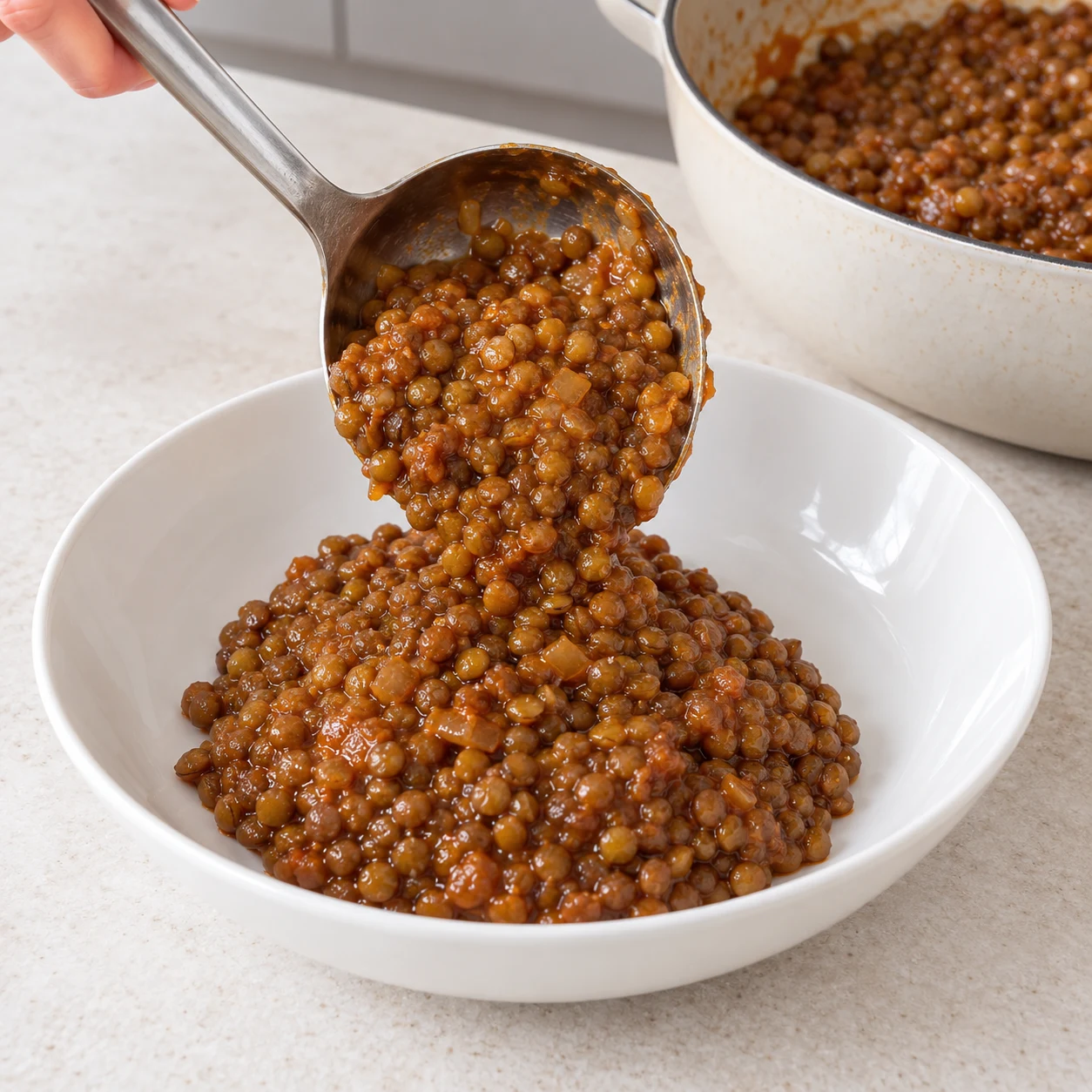 Louche déposant des lentilles brunes et fondantes dans un plat creux blanc.