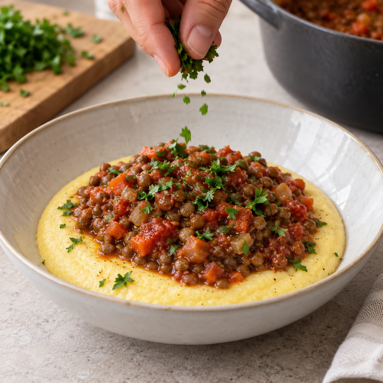 Plat fini de polenta crémeuse avec ragoût de lentilles à la tomate et un peu de persil, mains ajoutant le persil.