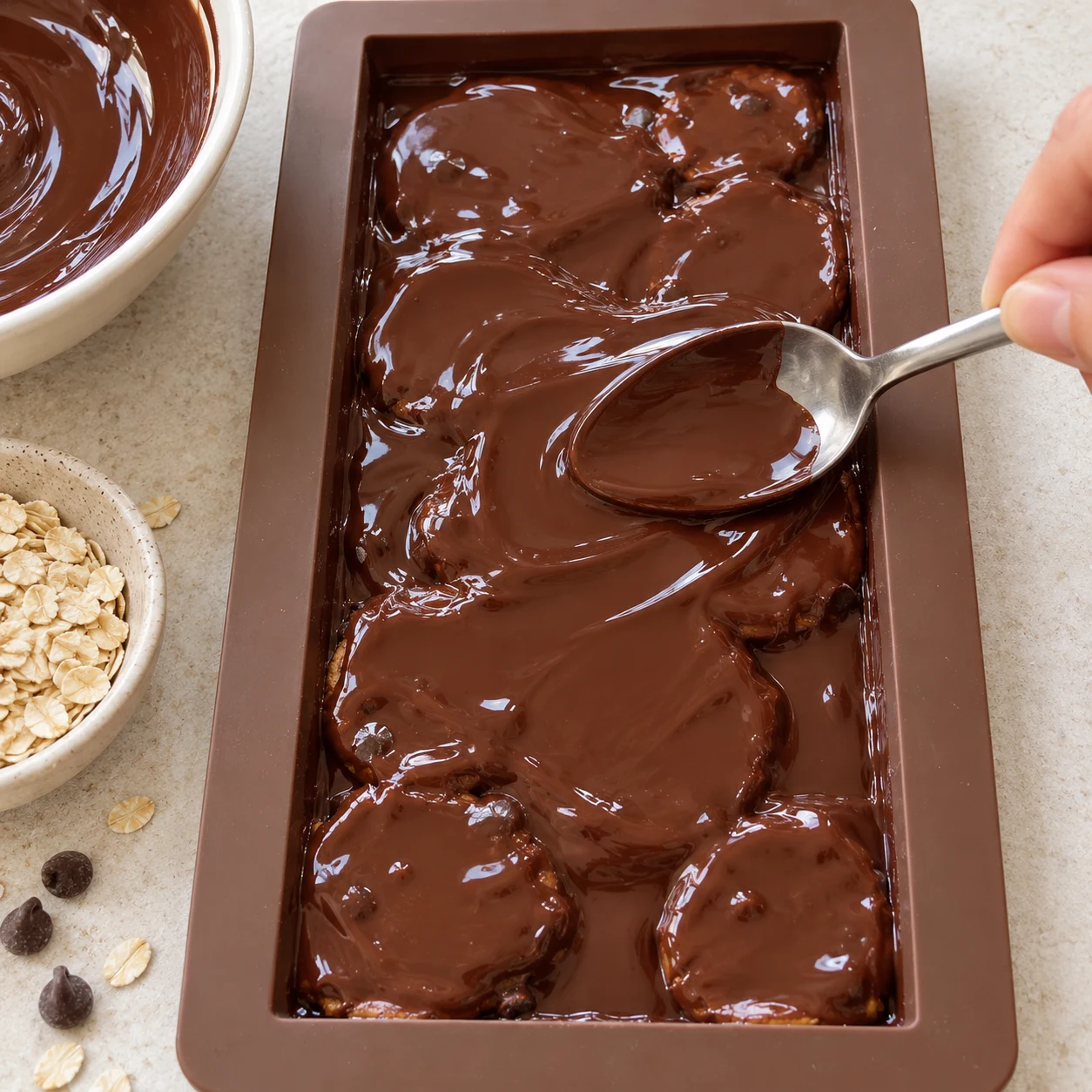 Chocolat noir fondu versé en ruban sur des palets de pâte à cookie dans un moule à tablette en silicone.