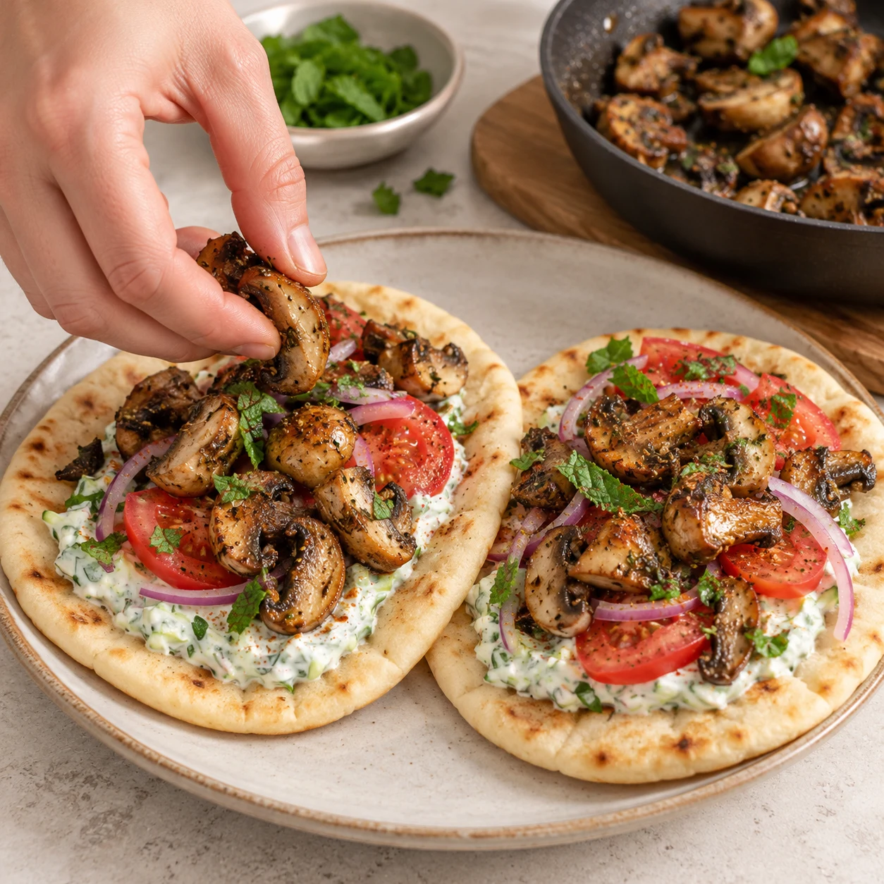 Deux pitas garnies complètes aux champignons grillés, tzatziki de courgette, crudités et menthe.