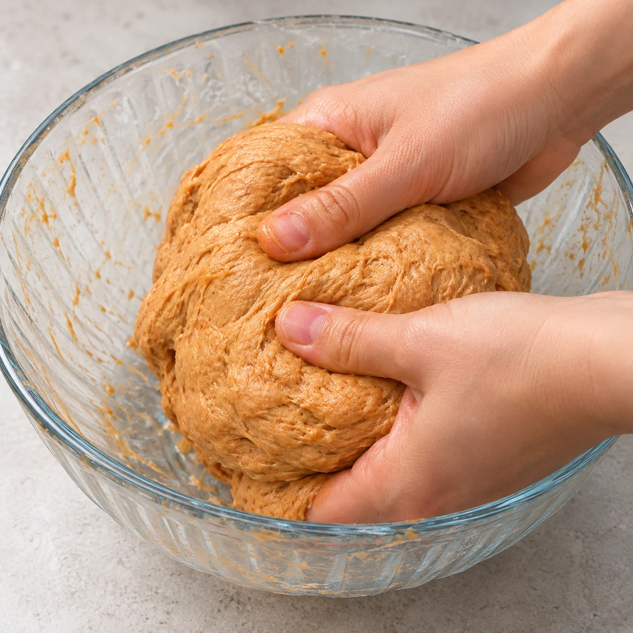 Terminez le mélange à la main jusqu’à obtenir une pâte homogène. Une seule phase, aucun autre ingrédient.