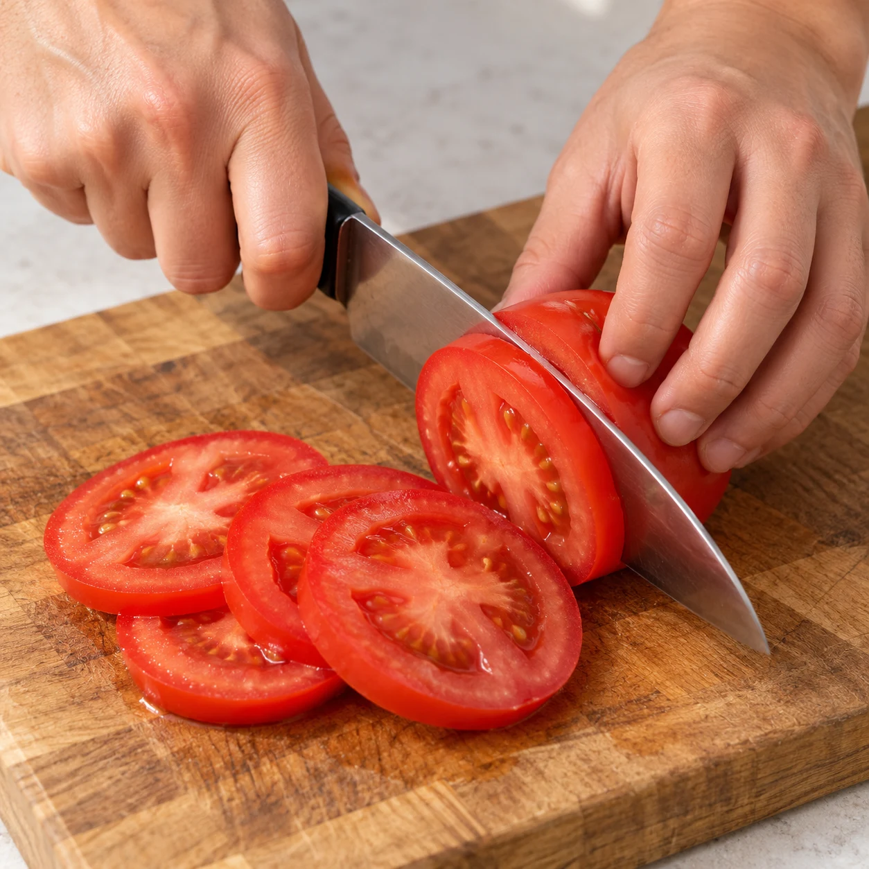 Tomate fraîche coupée en rondelles, couteau et prise sûre.