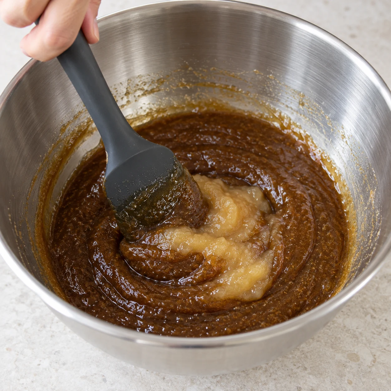 Incorporation de compote de pomme dans le mélange tiède de margarine fondue, vergeoise brune et sucre de canne, avec une maryse dans un bol en inox ; aucun œuf ni coquille.