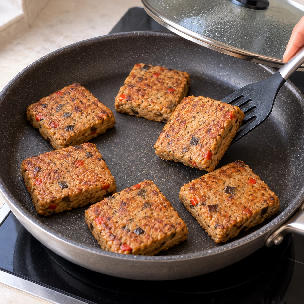 Six carrés de seitan brun clair, compacts avec fins éclats de légumes, en cours de réchauffage dans une poêle sèche ; une spatule en retourne un. Aucune chair de poisson et aucun tofu.