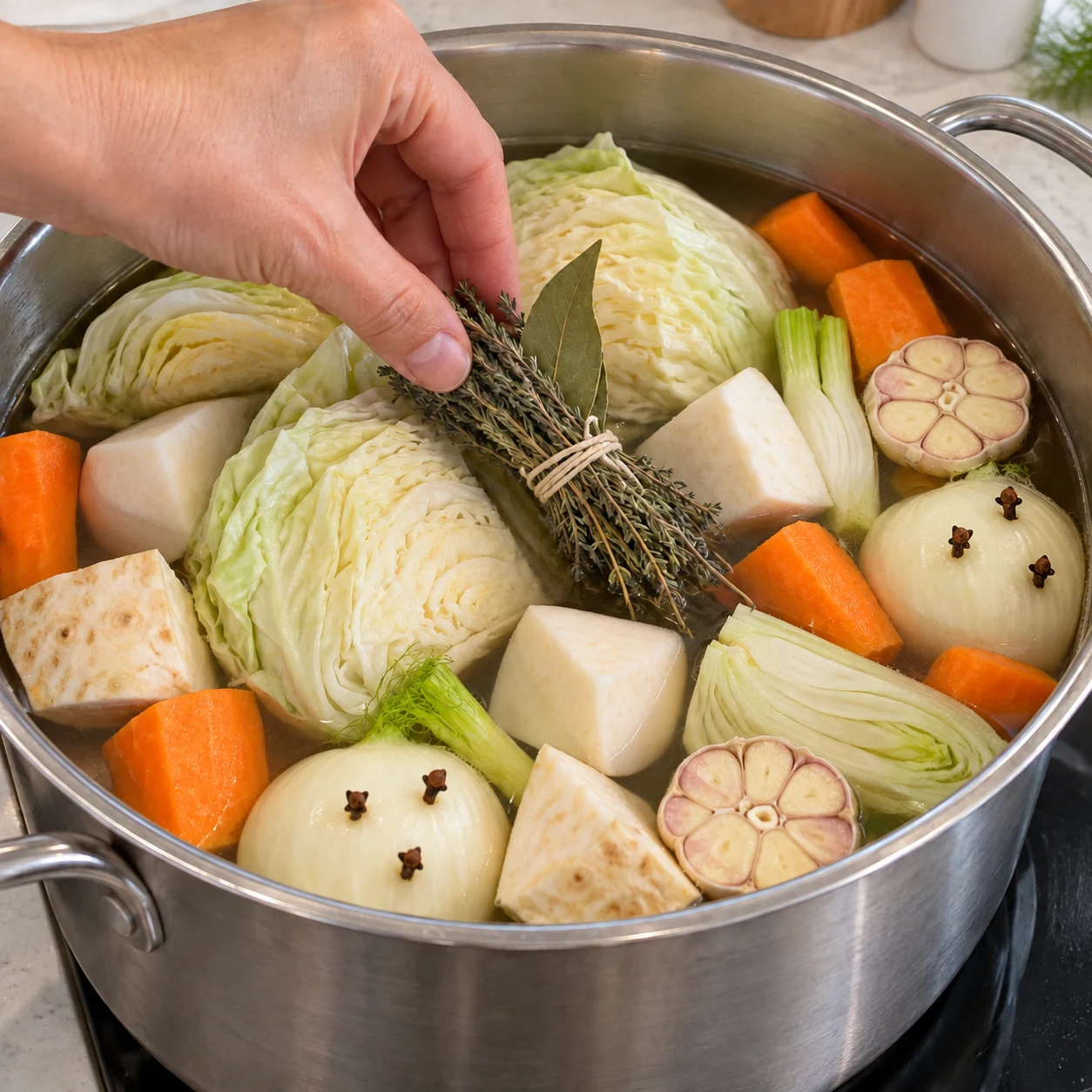 Photo carrée : une main dépose un petit fagot sec de thym et de laurier ficelé dans le bouillon de légumes. Chou blanc, carottes, navets, céleri-rave, fenouil, oignons piqués et demi-têtes d’ail. Pas de persil frais ajouté, ni de pomme de terre ou chipolata à ce stade.