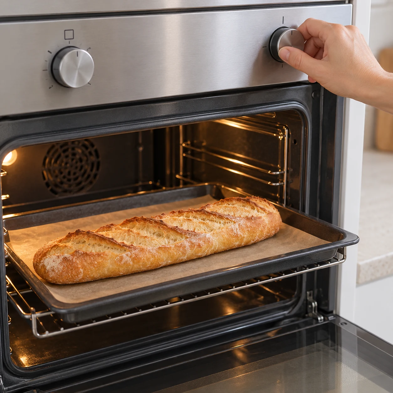 Demi-baguette nature sur une plaque, fin de cuisson au four, croûte dorée, sans garniture ; cette étape précède toute tartinade et toute tranche végétale.