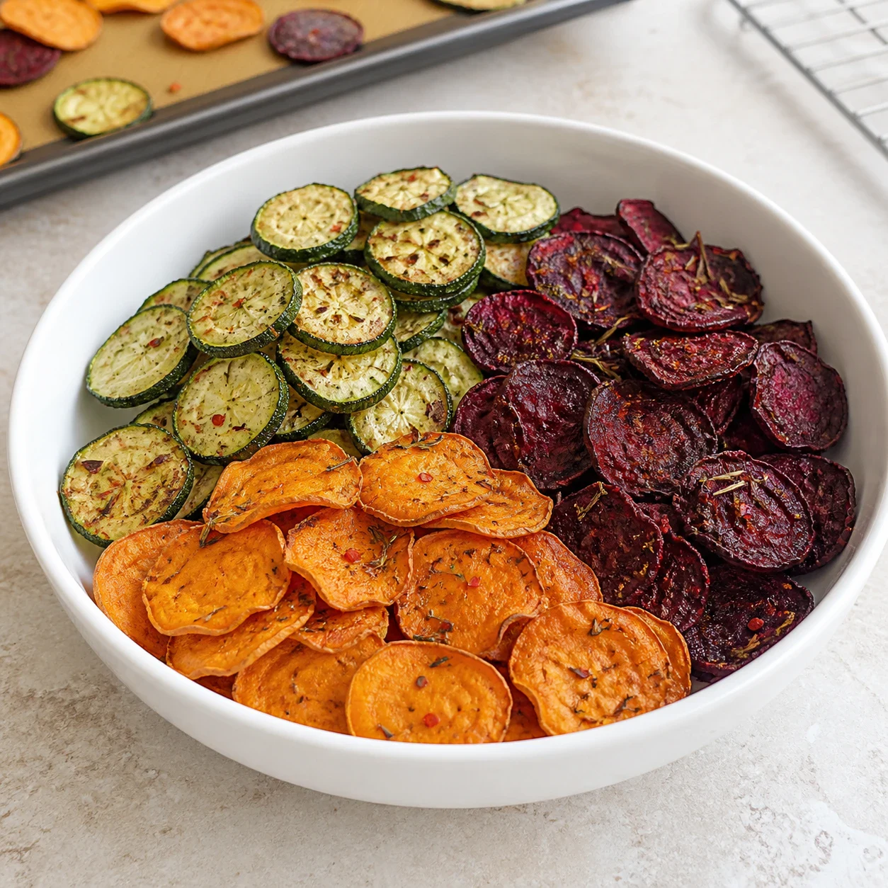 Assiette blanche creuse contenant des chips de légumes au four réparties en trois zones de couleur, rondelles de courgette vert foncé, tranches de betterave rouge sombre et chips de patate douce orange, surface mate et fripée, éclats de piment d'Espelette et herbes de Provence visibles, aucune bouteille, aucune étiquette, aucune sauce, aucun texte, aucune marque.
