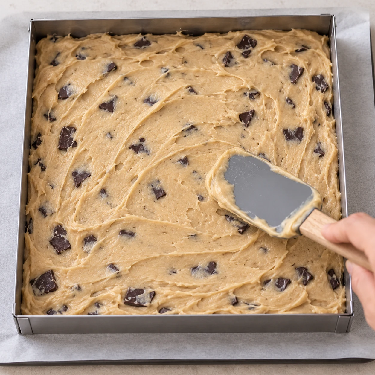 Étale la pâte jusqu’aux angles et égalise sa surface à la spatule. Montrer uniquement le résultat et le geste de cette étape, sans texte ni personne identifiable.