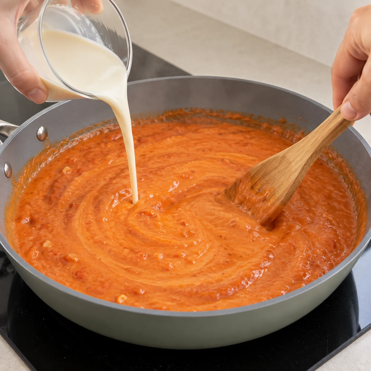 Verse les 200 ml de crème de soja dans la sauce tomate. Remue à feu doux et laisse légèrement réduire, comme la crème dans la recette source. Représenter uniquement les ingrédients de cette étape, leur état et le geste indiqué, sans texte ni personne identifiable.
