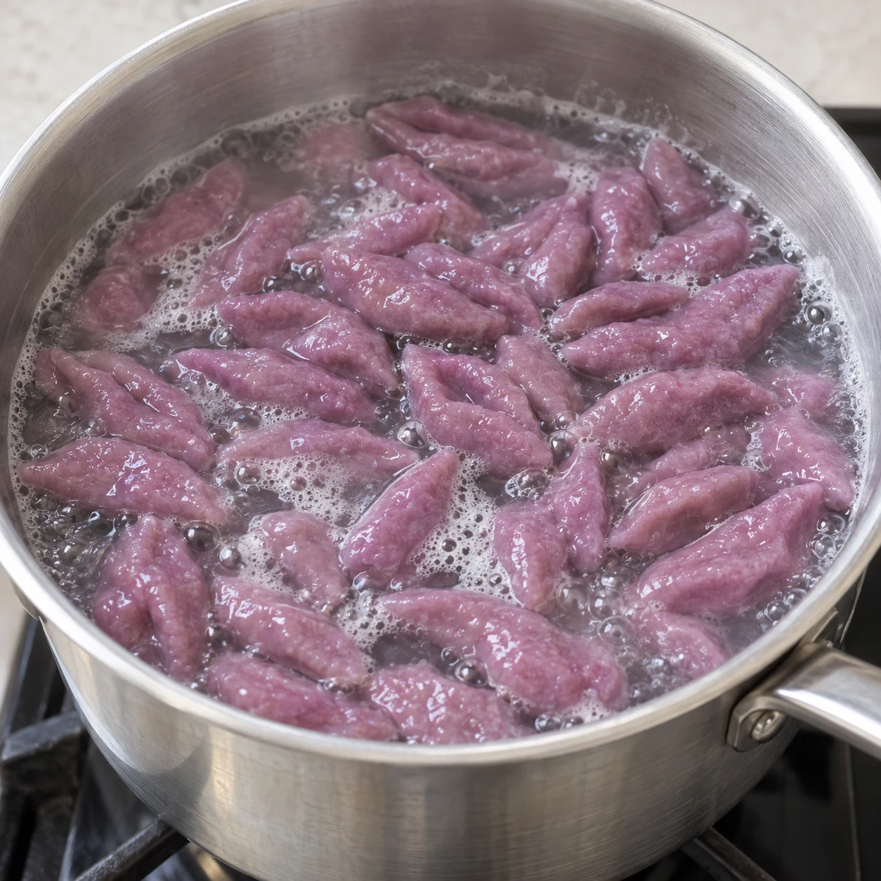 Pâtes violettes courtes flottant à la surface d’une casserole.