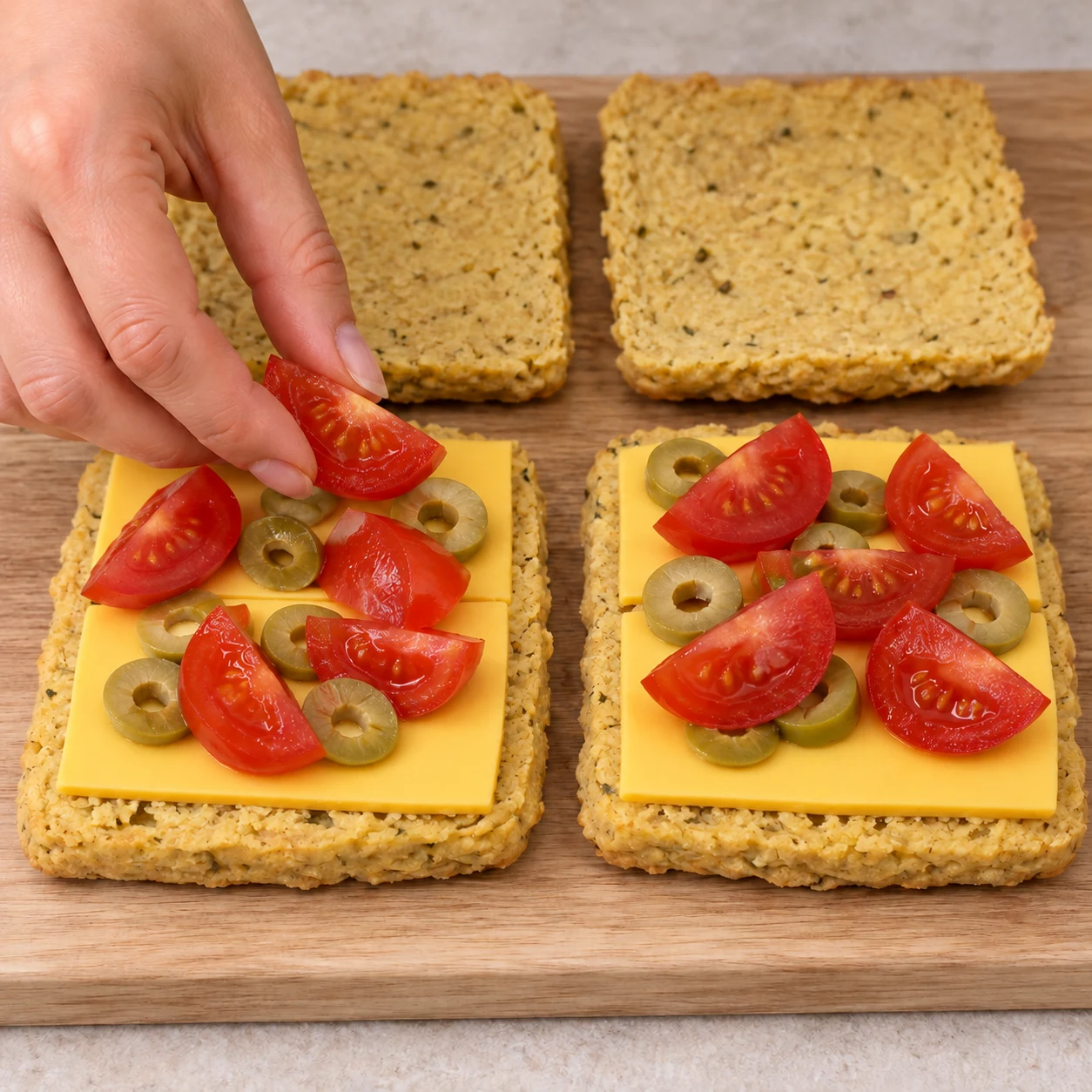 Disposer les morceaux de tomates sur les olives et le fromage.