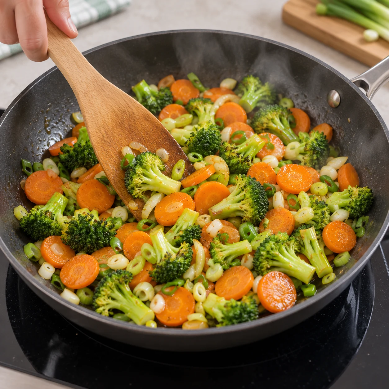 Mélange de carotte, brocoli en petites fleurettes et oignons nouveaux sauté dans une seule poêle.