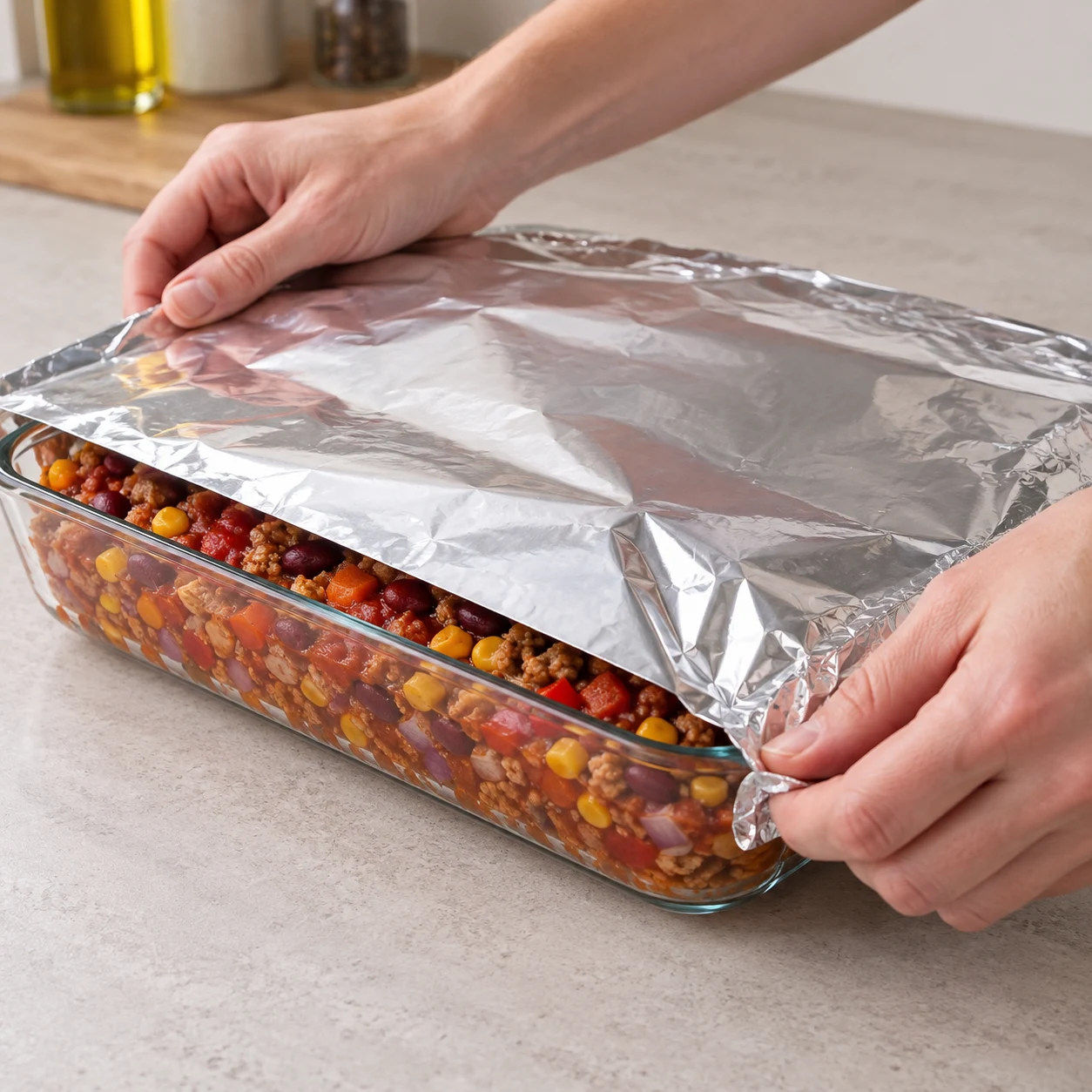 Mains anonymes couvrant le plat en verre de chili non cuit avec de l’aluminium, petite partie du mélange visible.