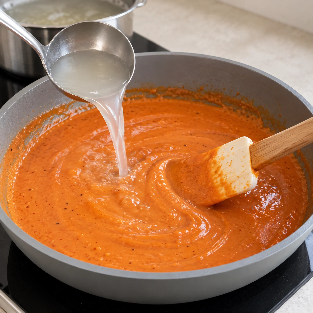 Verse la petite louche d’eau de cuisson réservée dans la sauce et mélange pour la lier. Représenter uniquement les ingrédients de cette étape, leur état et le geste indiqué, sans texte ni personne identifiable.