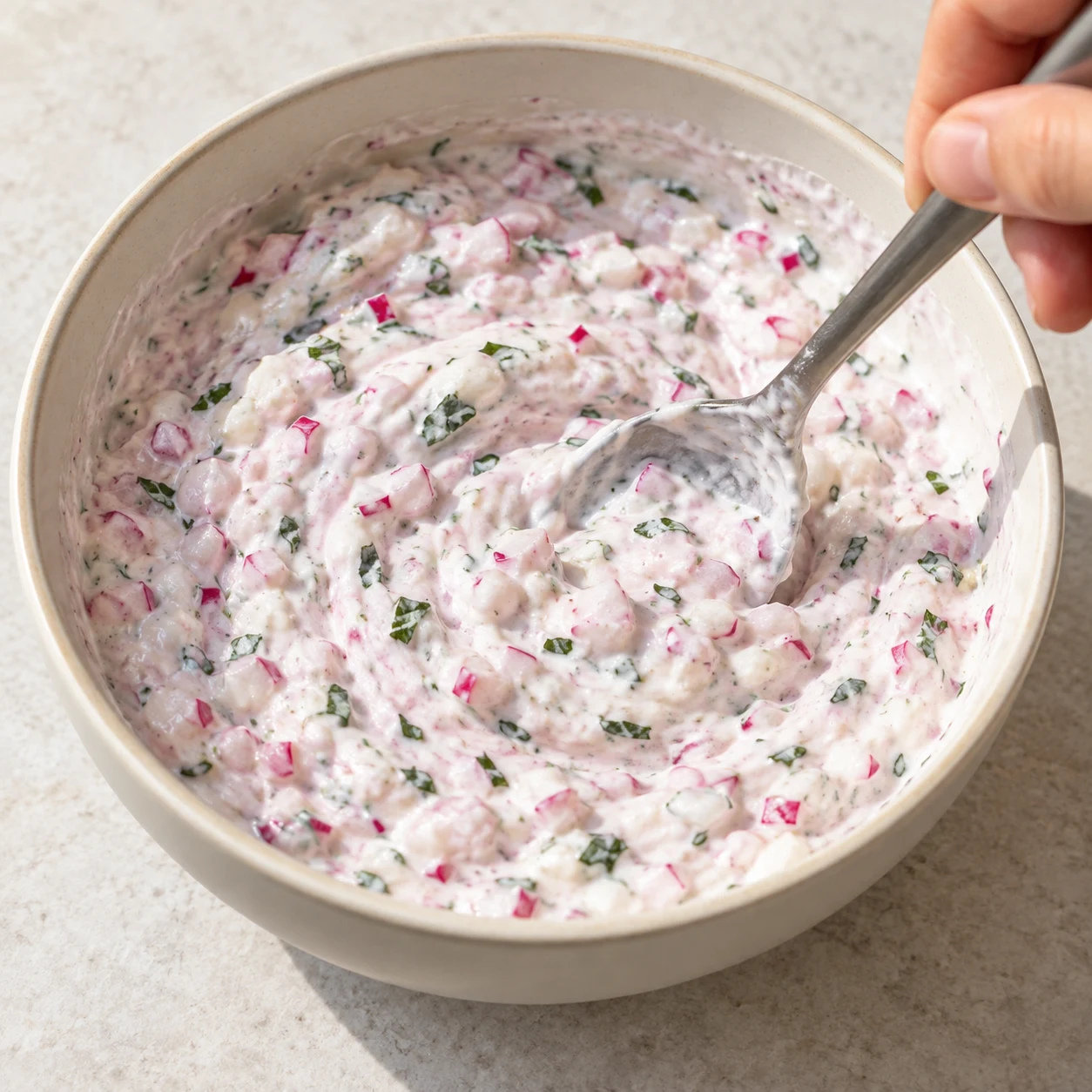 Cuillère mélangeant un tzatziki végétal crémeux légèrement rosé avec petits éclats de radis et menthe, sans huile ni rondelles de garniture.