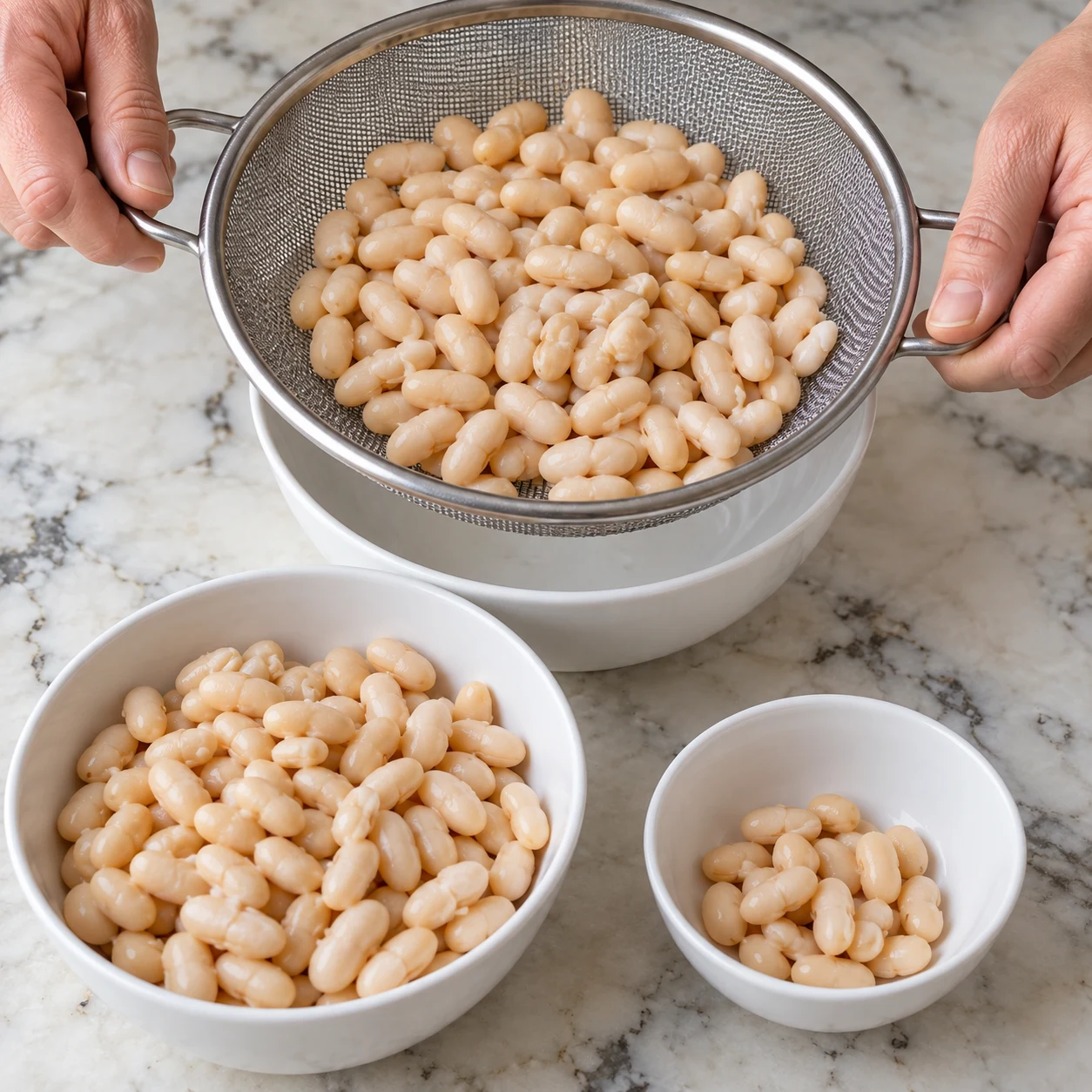 Haricots blancs cuits dans passoire au-dessus d’un bol blanc, mains adultes anonymes ; aucune sauce.
