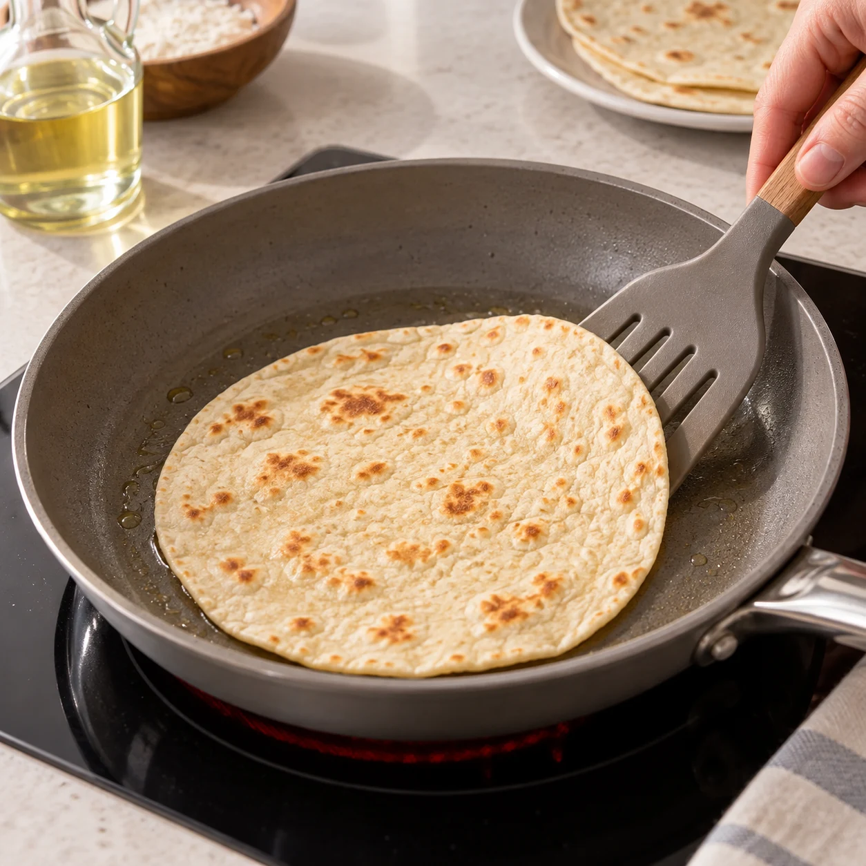 Fais dorer chaque tortilla dans une poêle avec un peu d’huile neutre, environ 2 minutes de chaque côté.