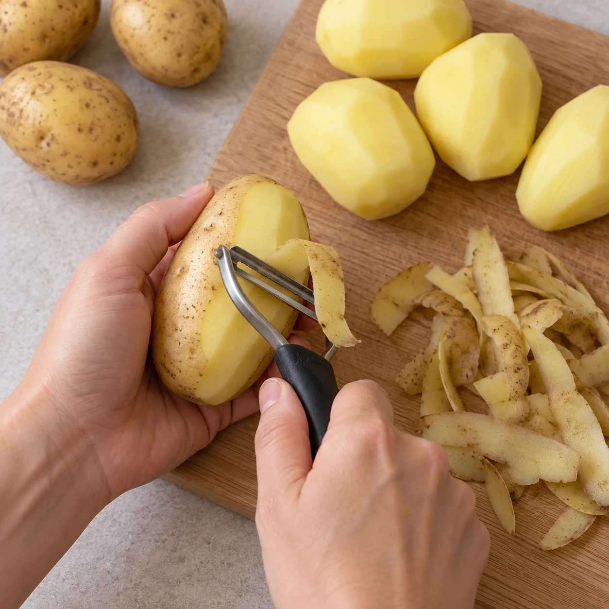 Éplucher les pommes de terre : Épluchez les pommes de terre à l’économe. Résultat : La peau est retirée.