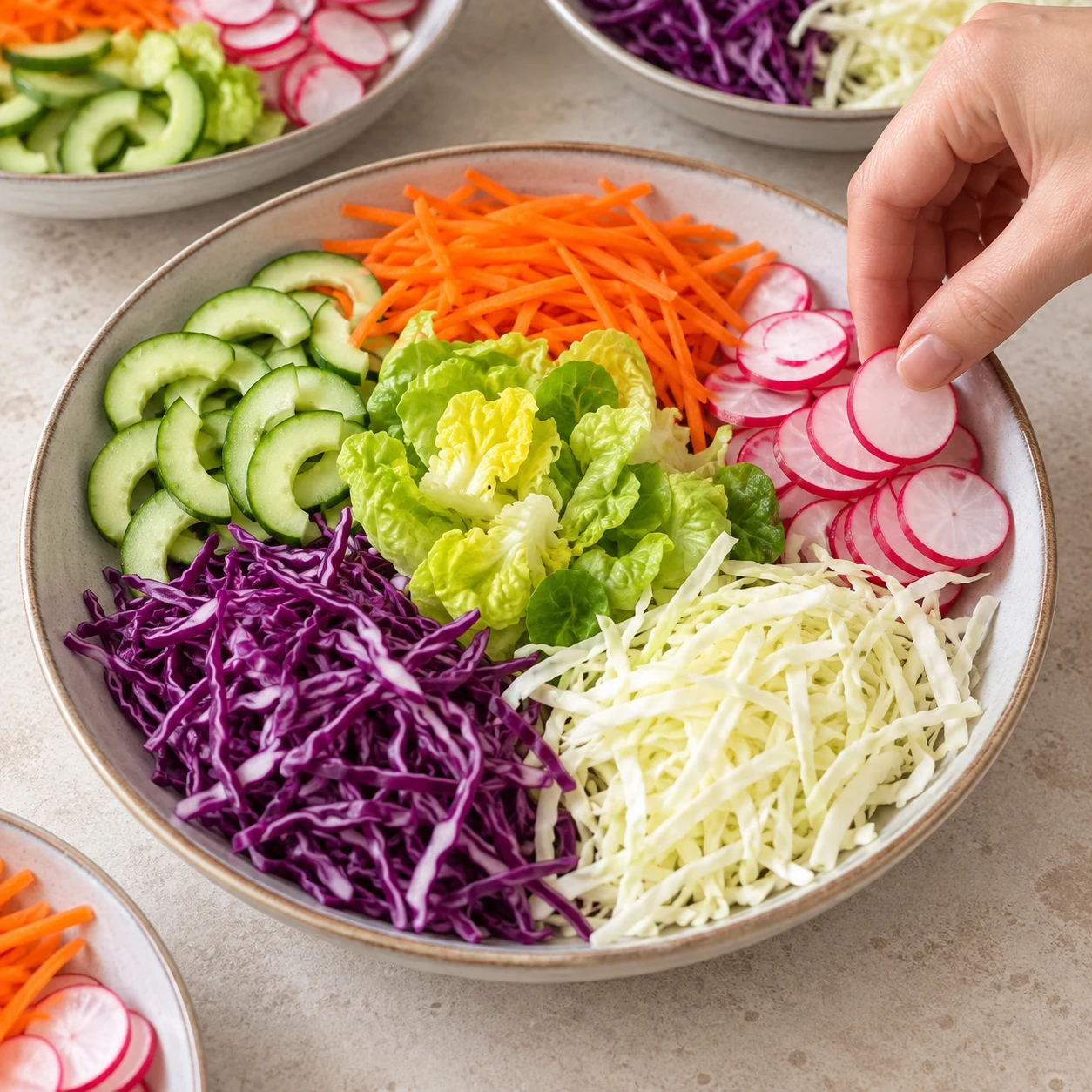 Assiette de crudités disposées par zones : deux choux, julienne de carotte, concombre épépiné et radis, sucrine centrale.