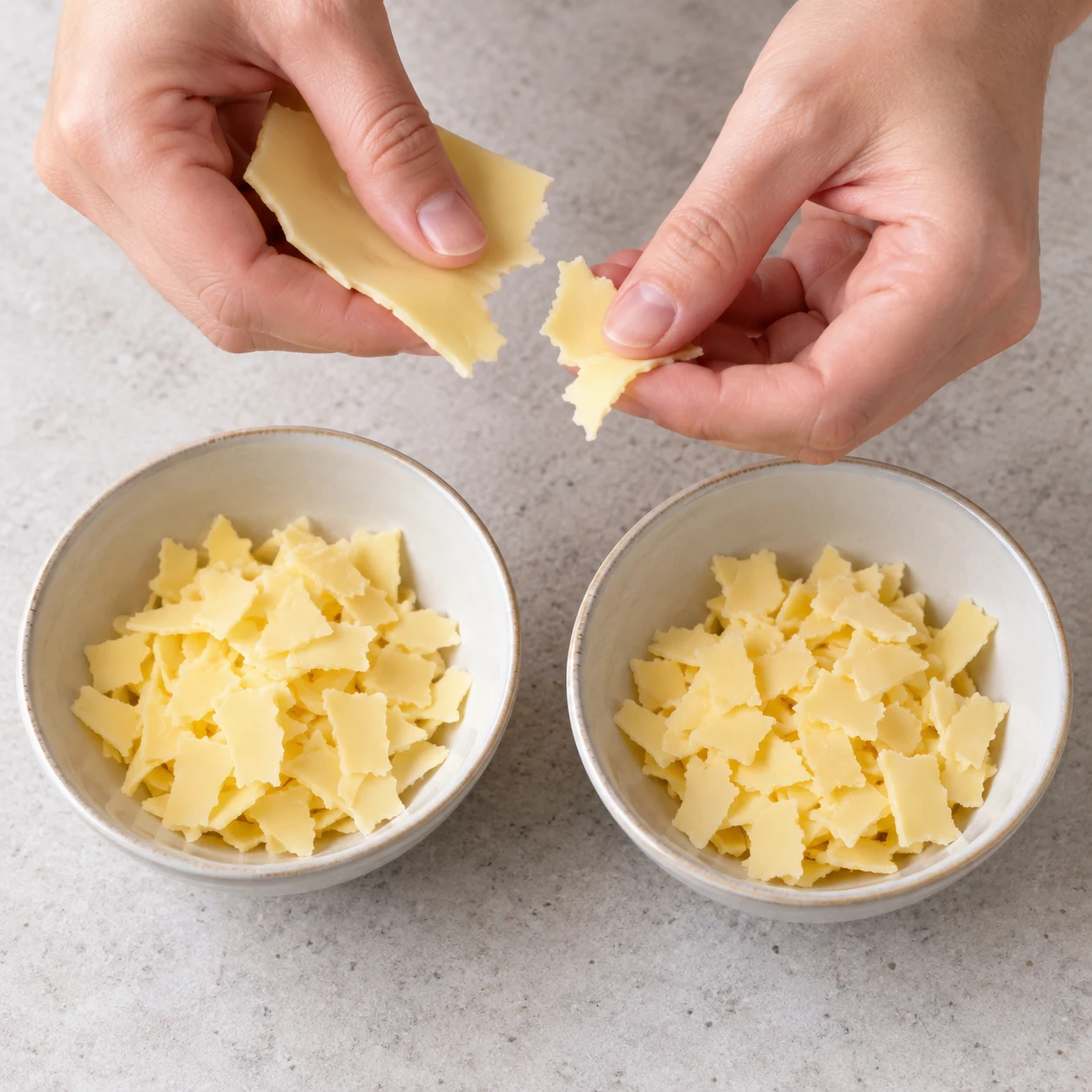 Mains anonymes déchirant de fines tranches jaune pâle en petits morceaux au-dessus de deux petits bols.