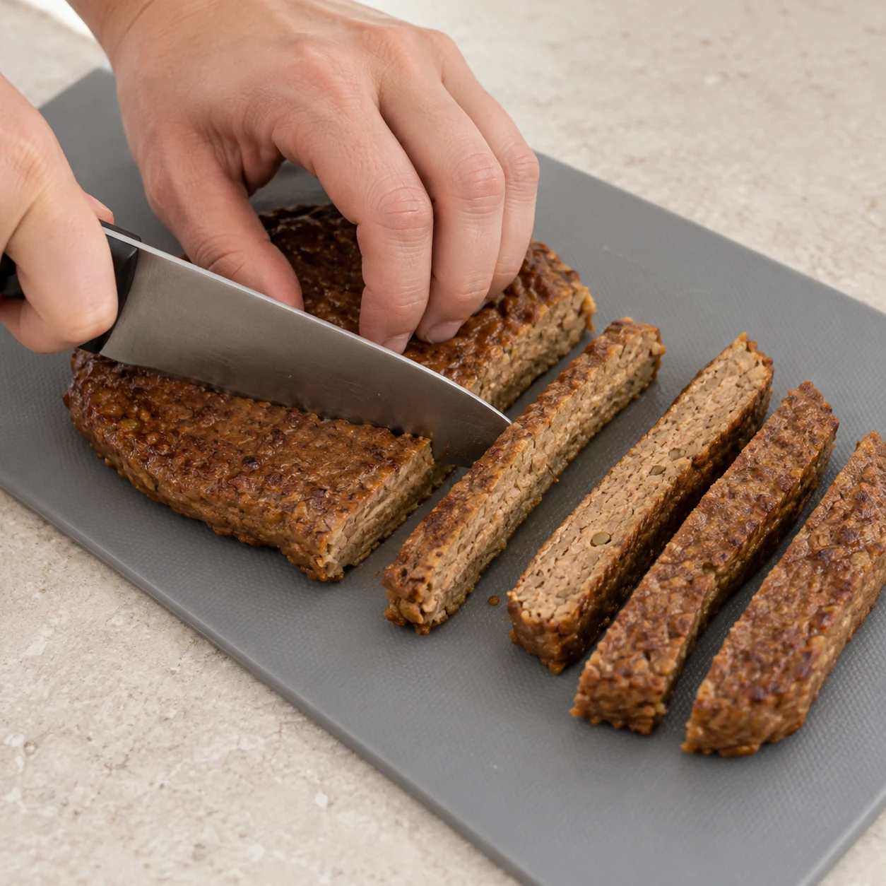 Coupe les 350 g de steaks végétaux froids en bandes épaisses dans la longueur, sur une planche stable, avec les doigts repliés. Manipule les bandes doucement pour qu’elles restent entières.