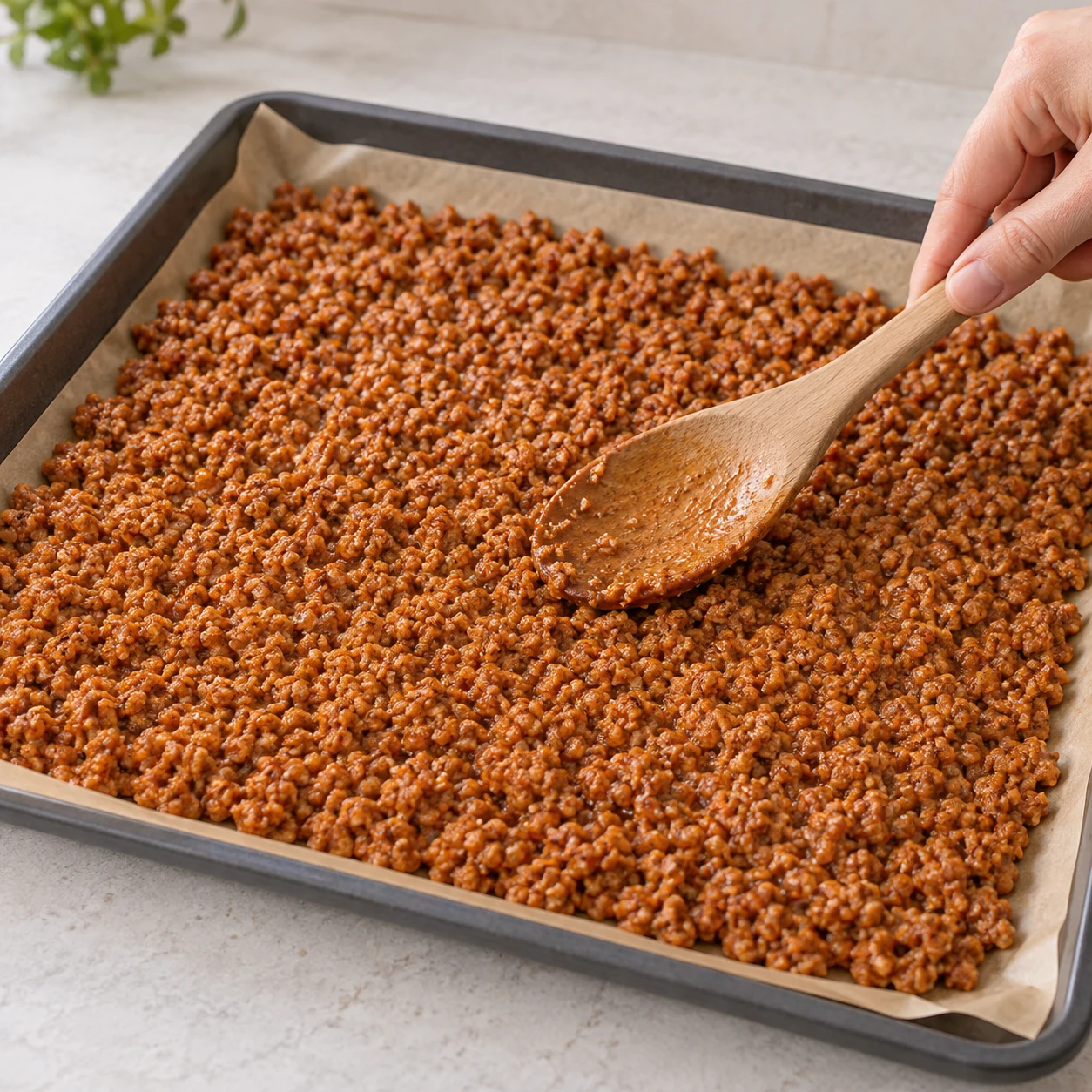 Étaler le haché de soja. Étale le haché de soja mariné sur une plaque de cuisson en une couche uniforme. Le soja forme une couche régulière sur la plaque.. Petits morceaux de haché de soja cuisiné, pas de fibres longues.