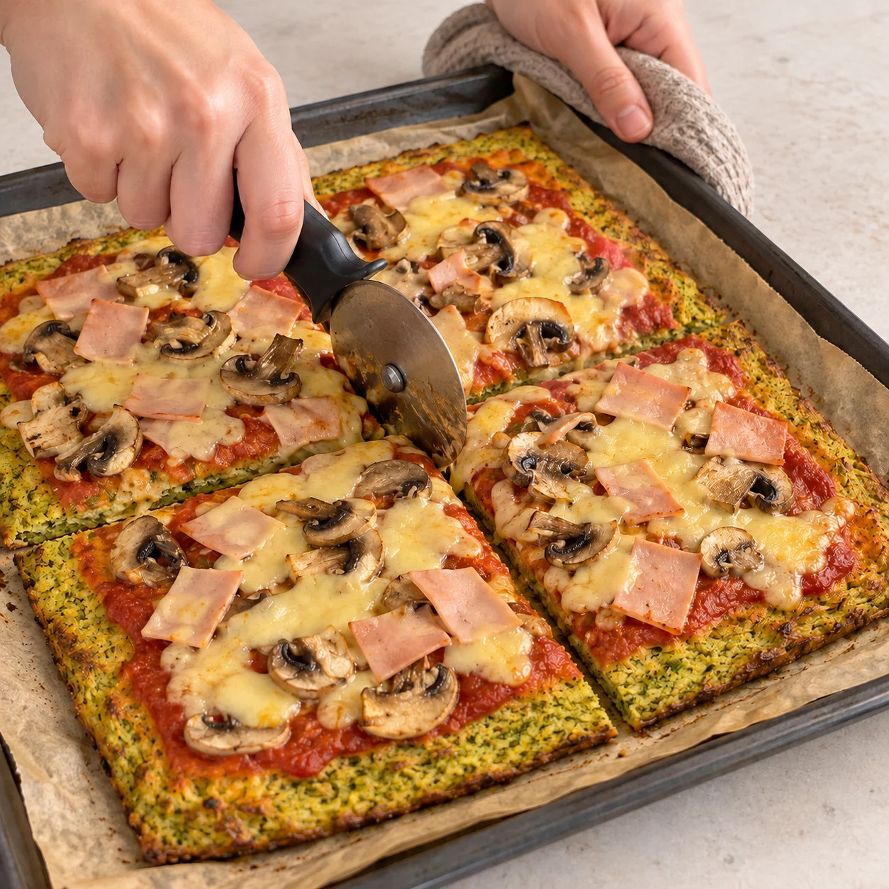 Roulette découpant la pizza rectangulaire à base brocoli, sauce tomate, champignons, jambon végétal et fromage végétal fondu.