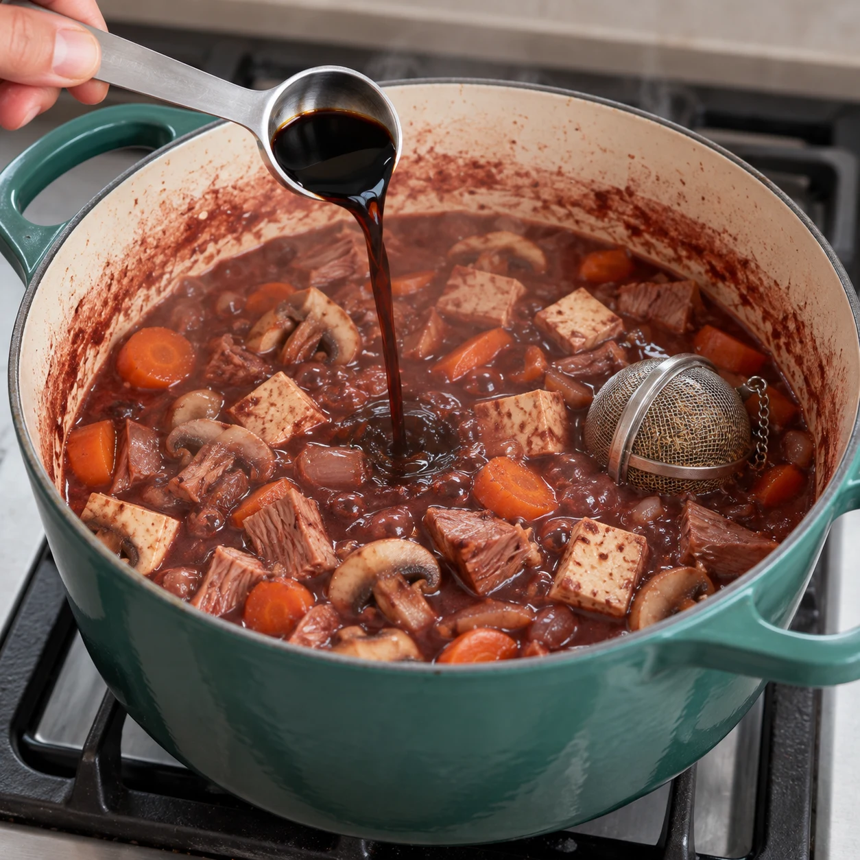 À mi-cuisson, ajoute 1 cuillère à soupe de sauce soja pour approfondir le goût. Montrer seulement les ingrédients présents à cette étape, fidèles à la capture source, dans un cadre de livre de cuisine neutre sans visage, texte ni marque. Adaptation validée : représenter des champignons de Paris blancs et une boule à épices contenant les herbes de Provence, uniquement lorsqu’ils sont présents dans cette étape.