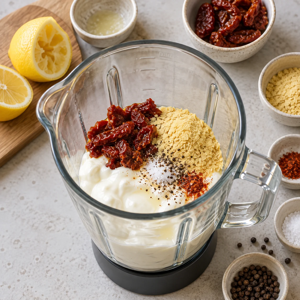 Bol de blender transparent contenant yaourt de soja nature blanc, tomates séchées rouges et levure maltée, avant mixage.