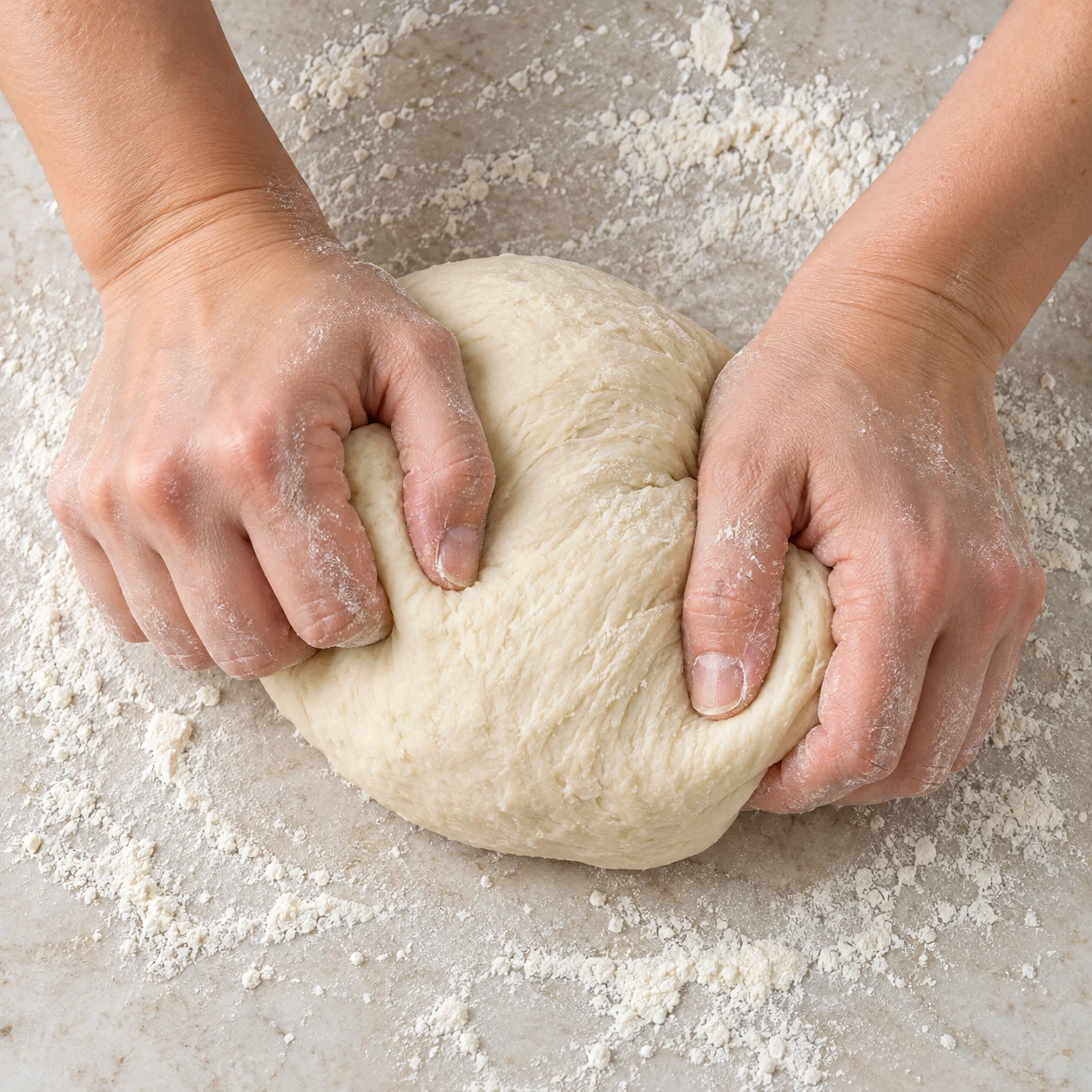 Pétrir la pâte. La pâte se rassemble en une masse souple et homogène.