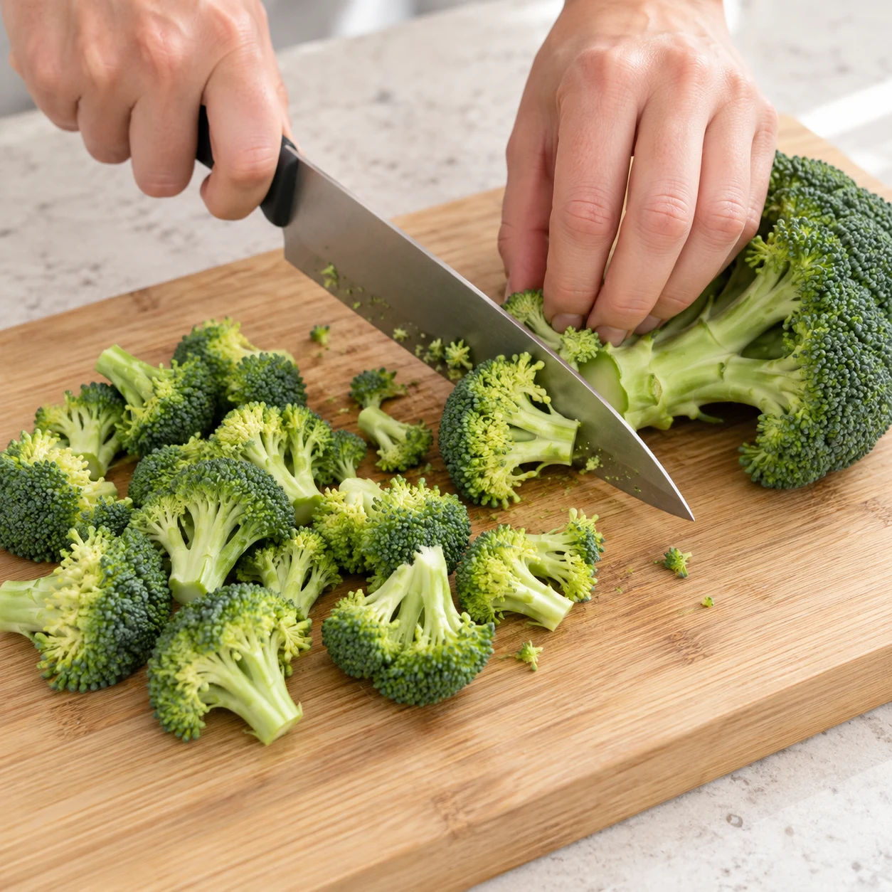 Un couteau découpe un brocoli vert frais en petites fleurettes, prise en griffe sûre.