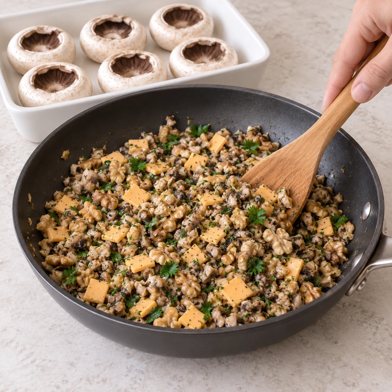 Poêle hors du feu avec farce de champignons, noix, persil et petits carrés végétaux orange pâle.