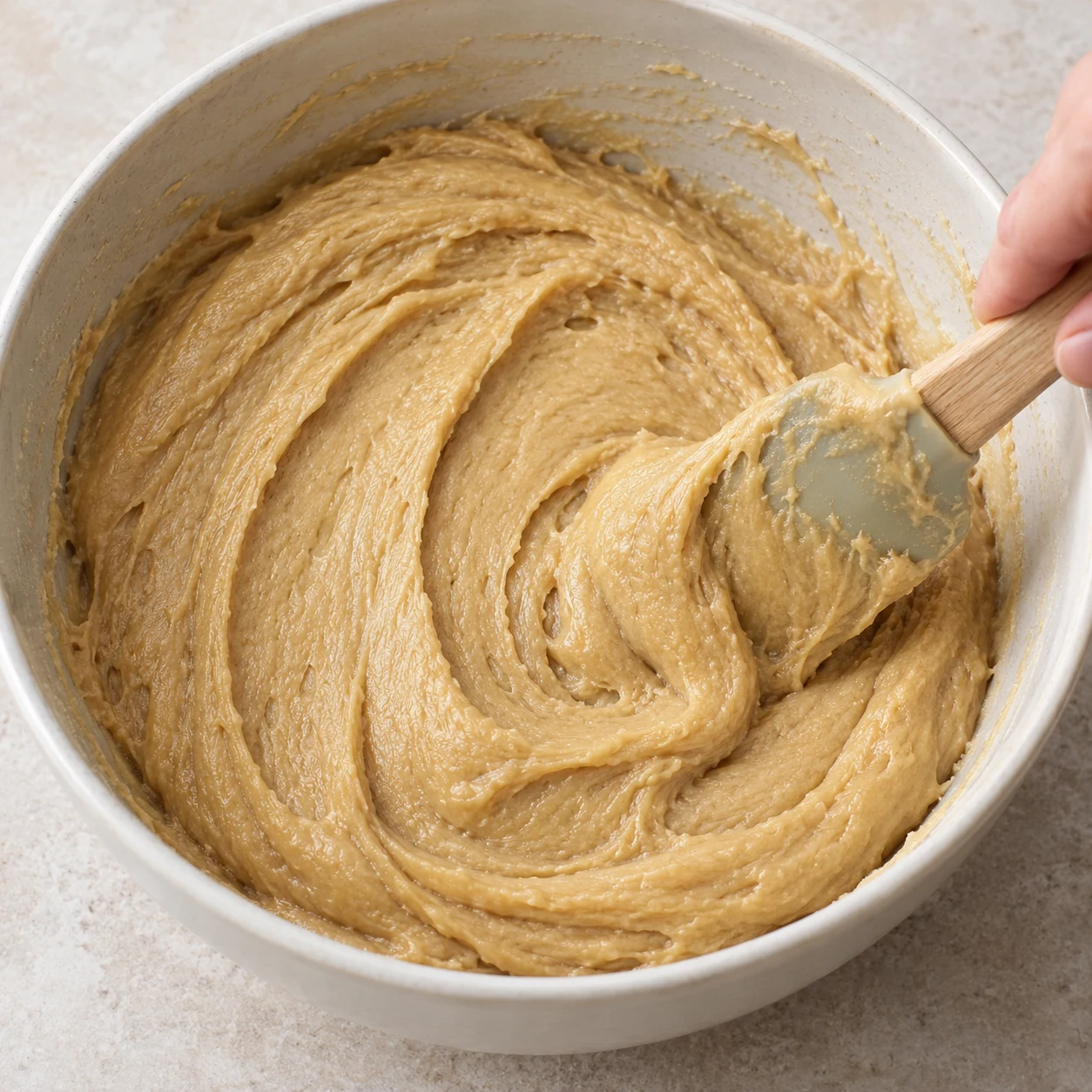 Incorpore doucement les ingrédients secs à la spatule, juste jusqu’à disparition de la farine visible. Montrer uniquement le résultat et le geste de cette étape, sans texte ni personne identifiable.