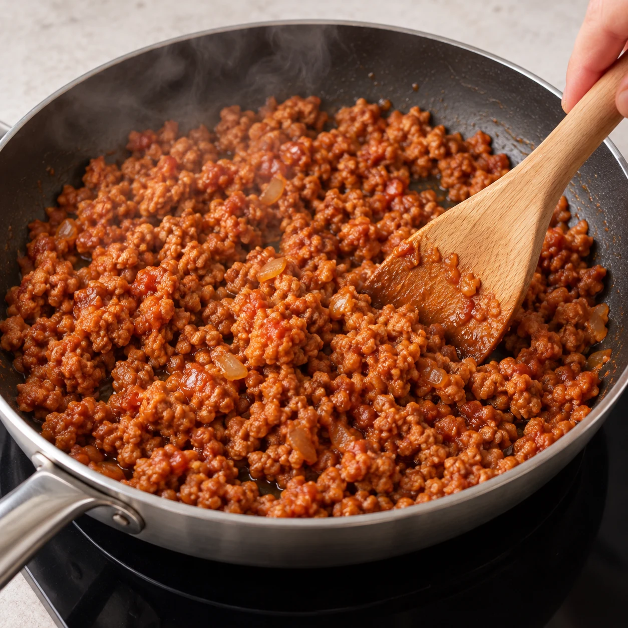 Fais chauffer la cuillère à soupe d’huile de tournesol dans une poêle. Ajoute le haché de soja cuisiné et remue pour le réchauffer, conformément à sa notice. Montrer uniquement les ingrédients de cette étape. Pour le haché : petites miettes de soja cuisiné rouge-brun à la tomate et aux oignons, légèrement humides, jamais viande ni tofu. Huile pimentée liquide sans gros morceaux de piment ; poivre noir moulu, aucune baie de Sichuan. Lumière naturelle claire, pierre pâle, vaisselle neutre, mains adultes anonymes seulement si nécessaires ; aucun texte, visage, vêtement, bijou ni identité de la personne.