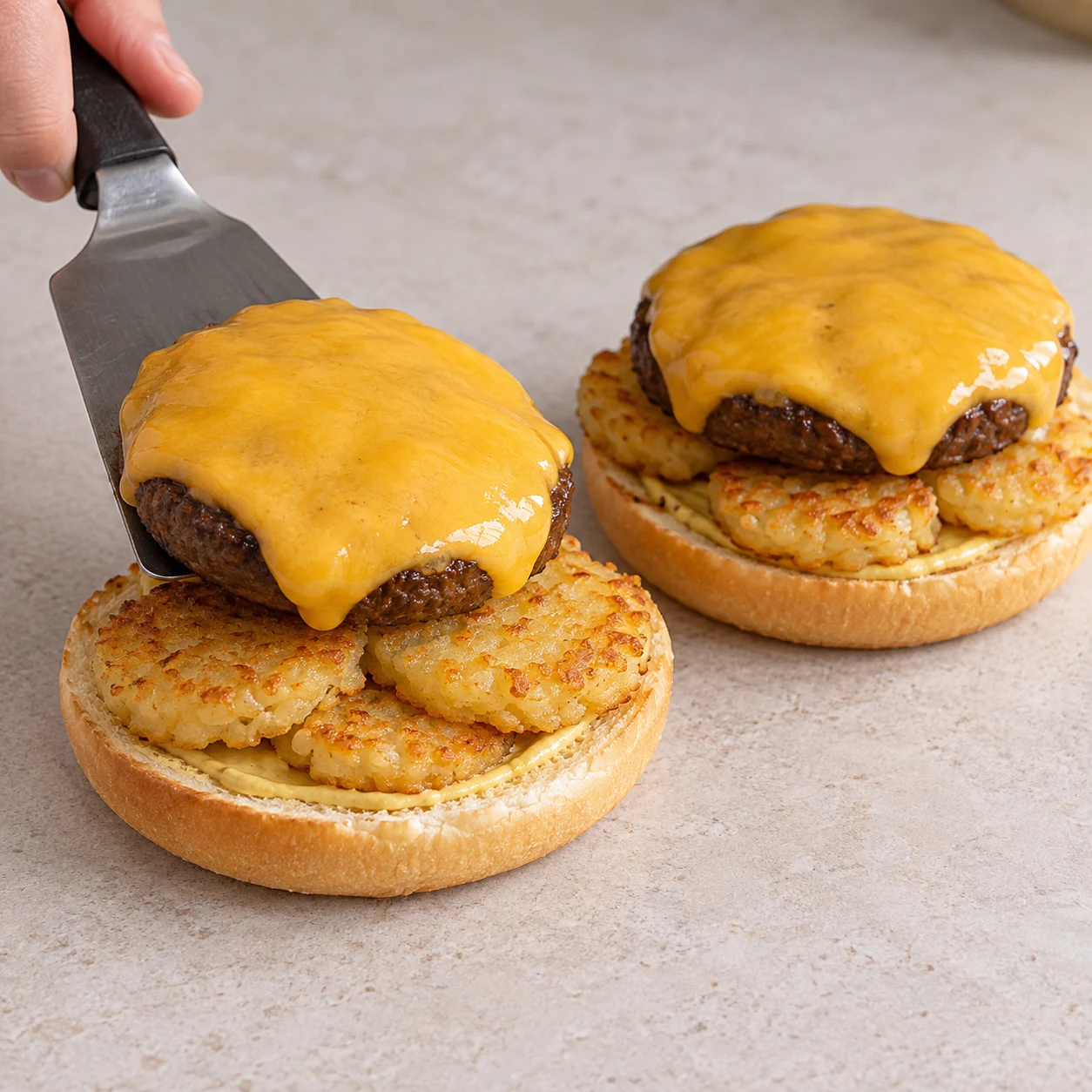 Steak végétal couvert de tranches végétales jaune orangé fondues, posé sur les röstis et le pain.
