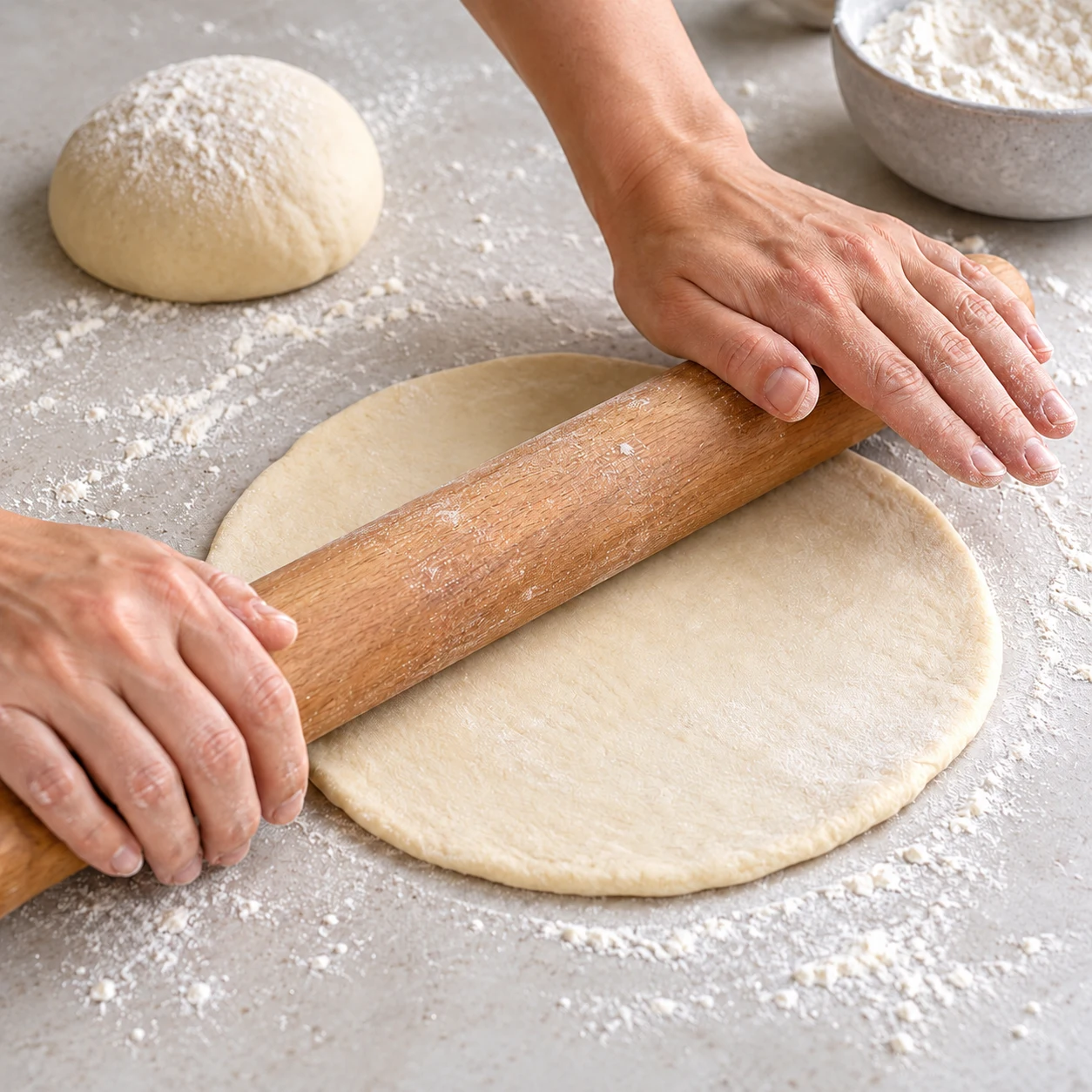 Rouleau à pâtisserie sur un disque de pâte, plan de travail clair.