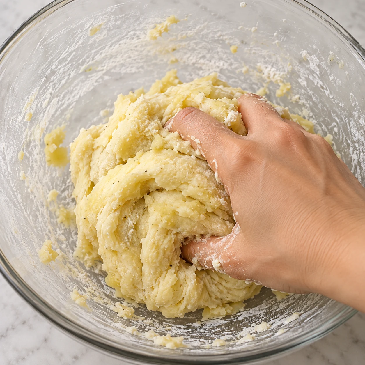 Pétris la préparation jusqu’à obtenir une pâte homogène et légèrement collante. Montrer le geste et l’état attendu : La pâte forme une masse homogène, encore légèrement collante.