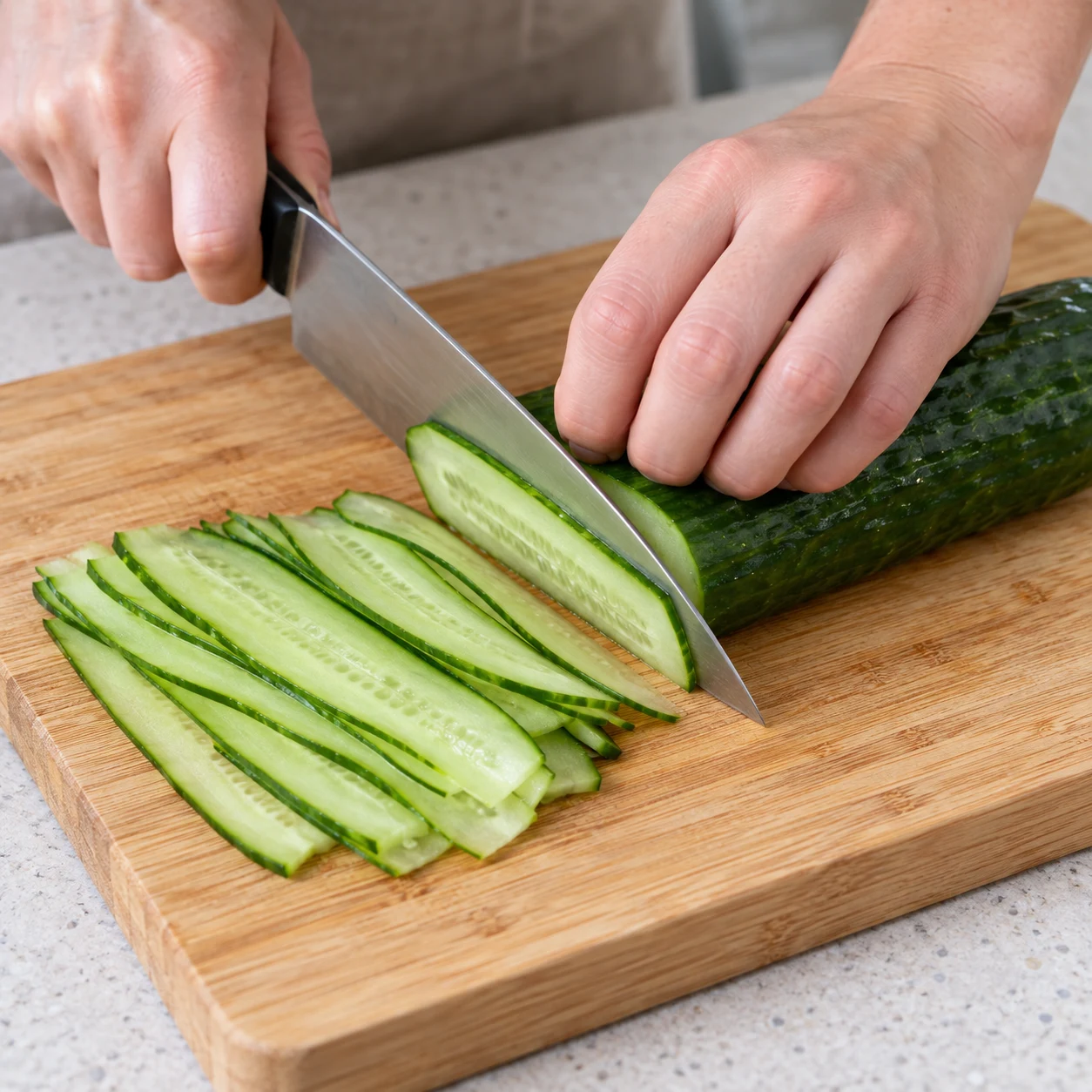 Des mains coupent des lamelles fines de concombre, prise en griffe.