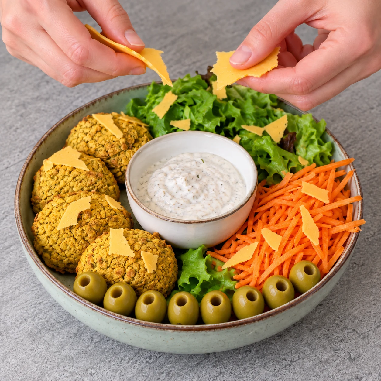Deux mains adultes anonymes déchirent une tranche végétale jaune en petits copeaux au-dessus de l’assiette : quatre falafels jaunes, bol de sauce soja, huit olives, salade verte et carotte râpée. Aucune miette blanche ni fromage laitier.