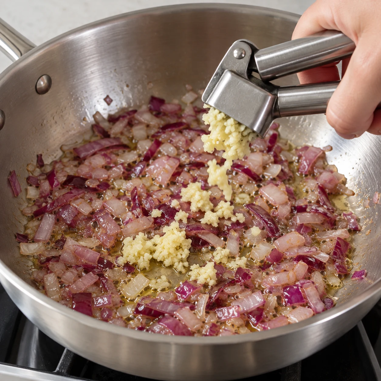 Presse les deux gousses d’ail dans la poêle, comme dans la recette d’origine. Montrer uniquement les ingrédients présents à cette étape.